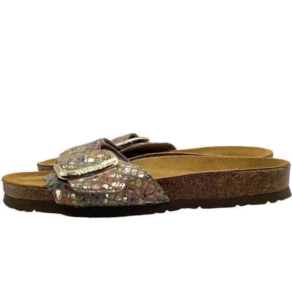 NAOT Maryland Gold Big Buckle Slide Sandals 39 8 Golden Floral Leather One Strap - Picture 6 of 12